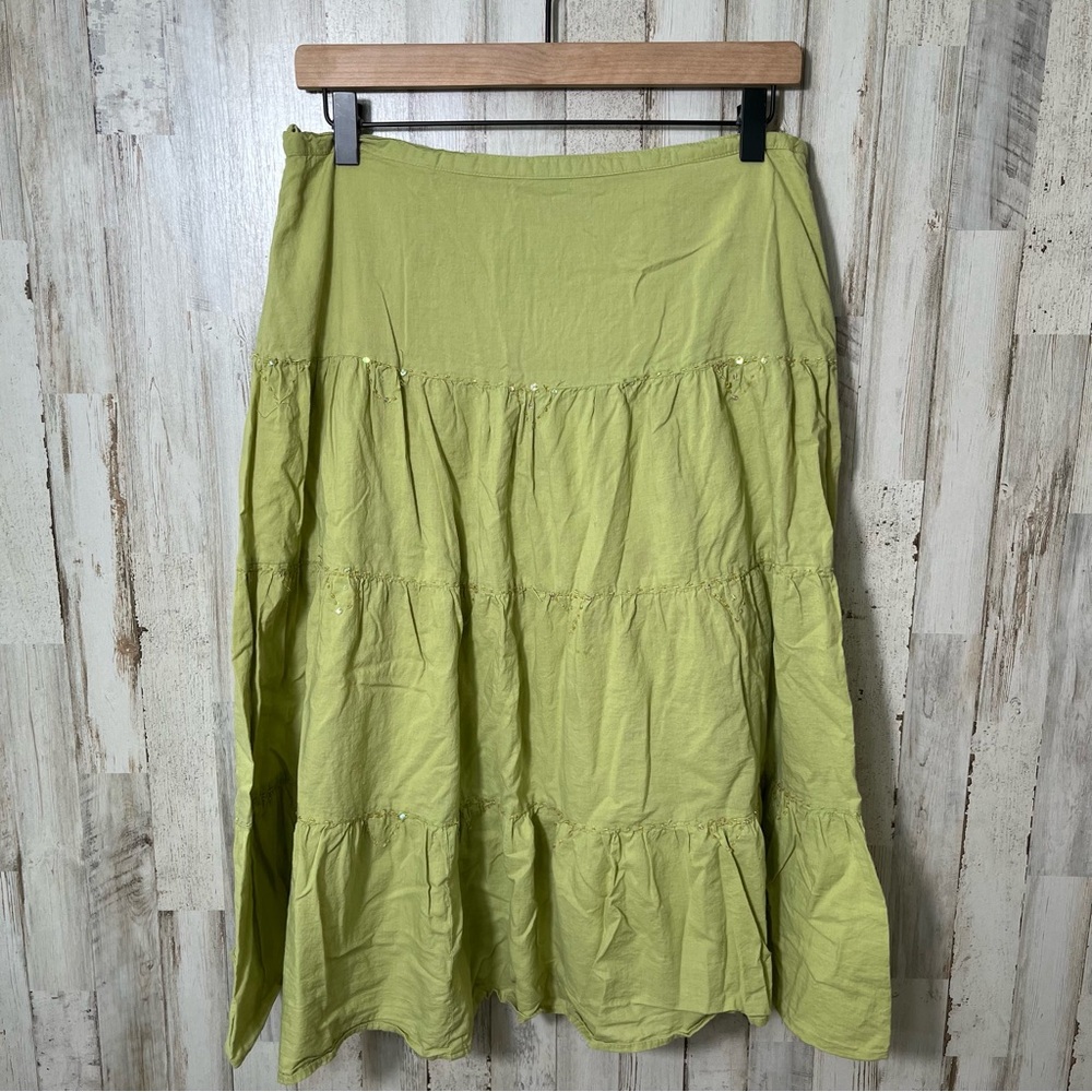 Vintage Y2K Olive Green Tiered Sequin‎ Midi Skirt Cotton Womens Size 7/Medium